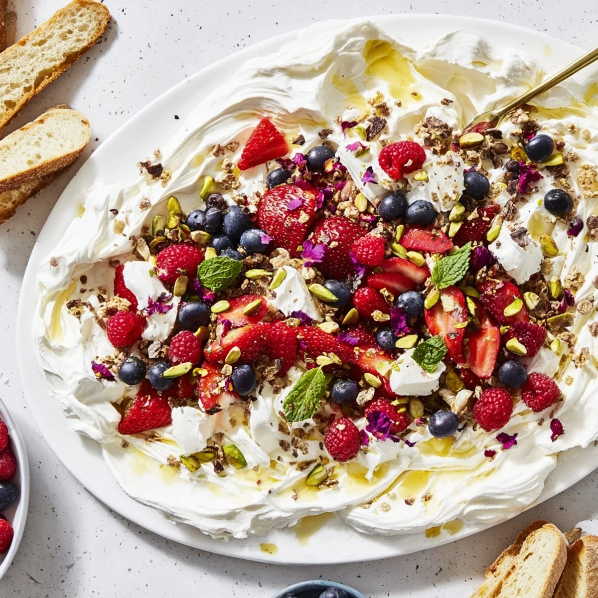 Whipped cream cheese butter board dessert topped with fresh berries and nuts.  