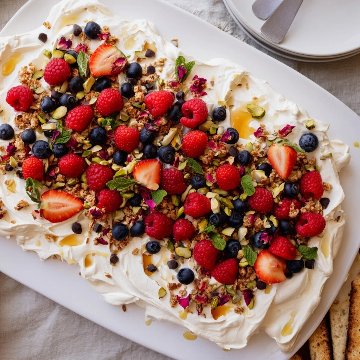 Indulge in a colorful butter board dessert featuring sweet mixed berries and chocolate.  