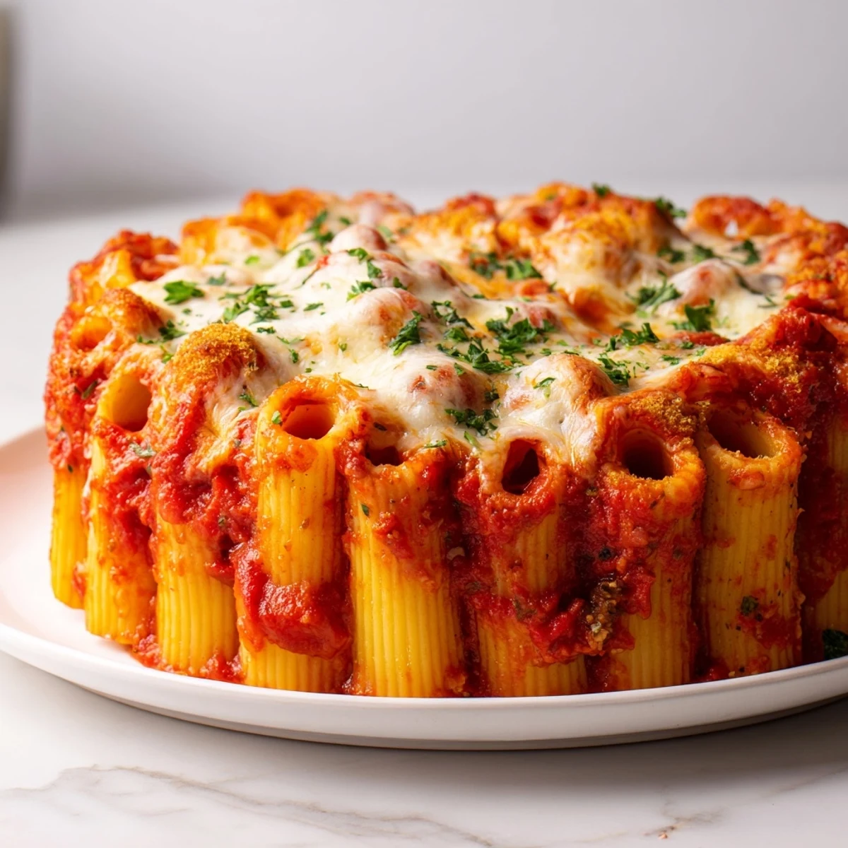 Delicious Honeycomb Pasta Cake with melty mozzarella, savory tomato sauce, and vibrant herbs.  
