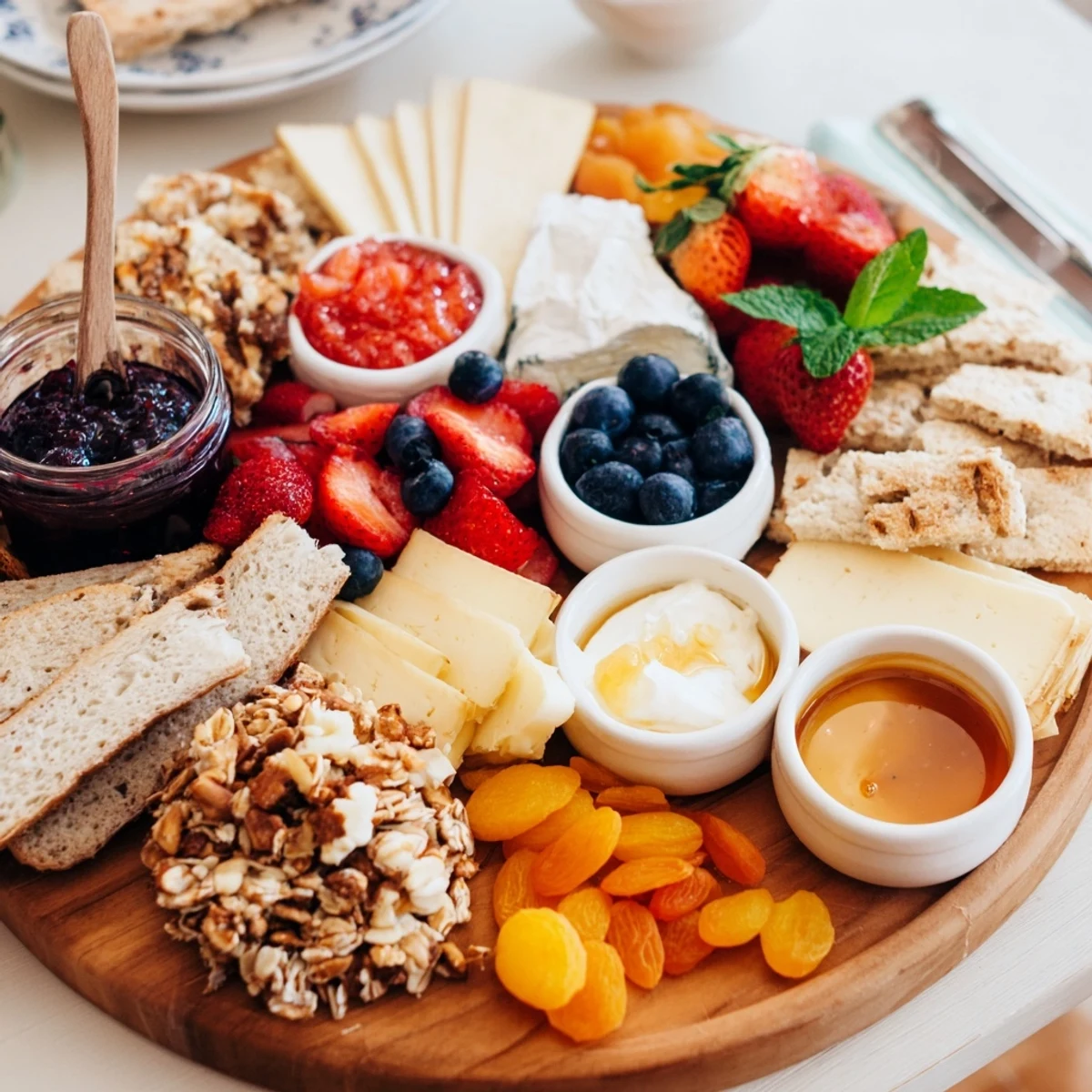 Colorful jam-infused brunch board with assorted cheeses, fruits, and artisan breads.  