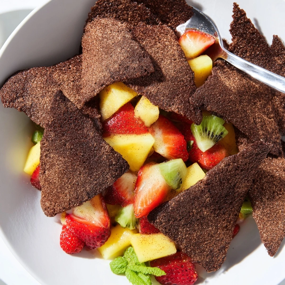 Sweet and crispy dessert chips with refreshing fruit salsa, perfect for sharing.  