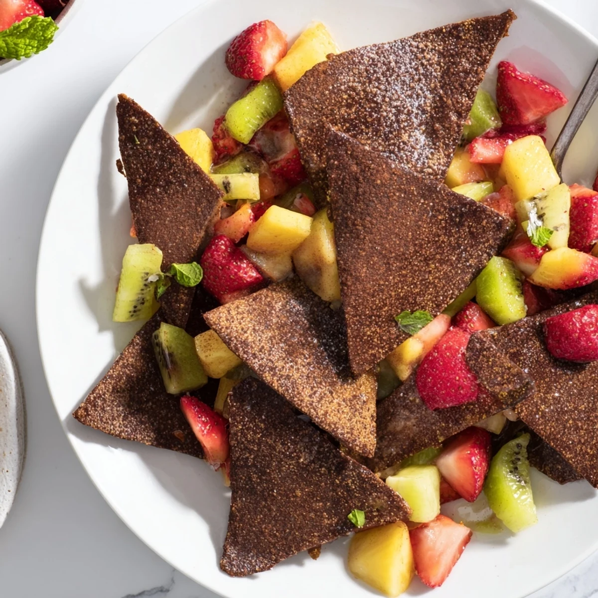 Crispy chocolate tortilla chips alongside vibrant fruit salsa for a delightful dessert.  