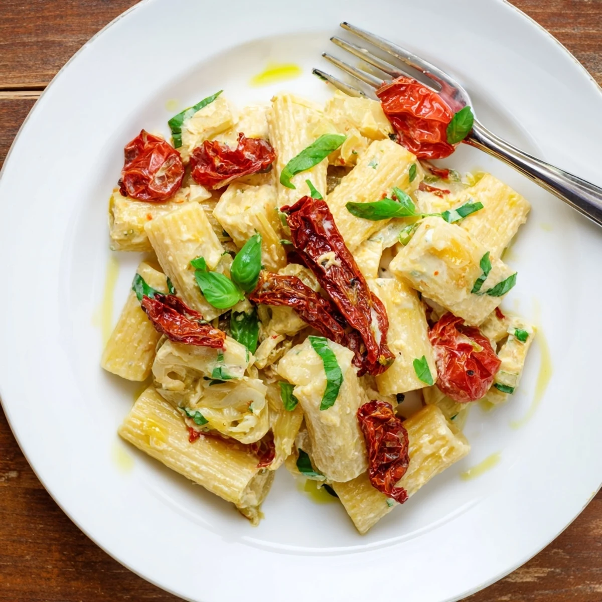 Creamy Baked Feta Pasta garnished with fresh basil and roasted tomatoes.  