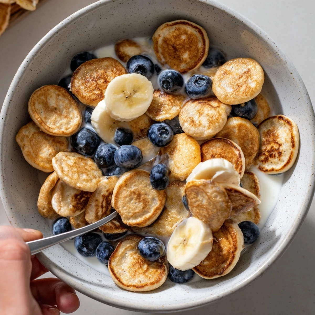 Crispy mini pancake cereal ready to enjoy with milk or honey drizzle.  