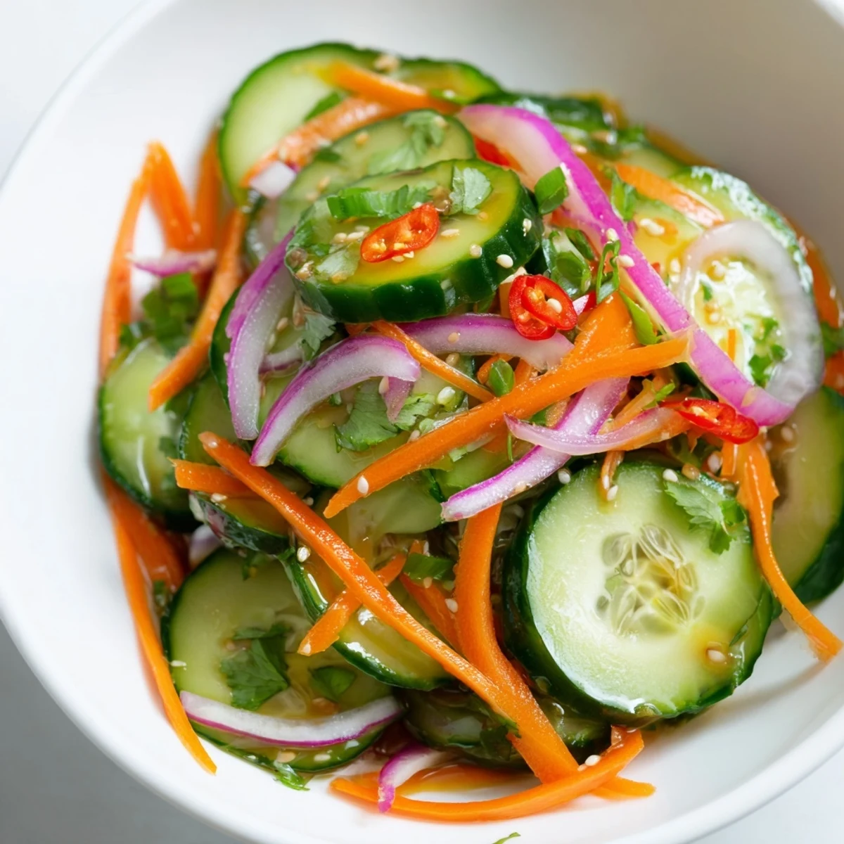 Cucumber Salad Remix featuring crunchy vegetables, tangy dressing, and toasted sesame seeds.  