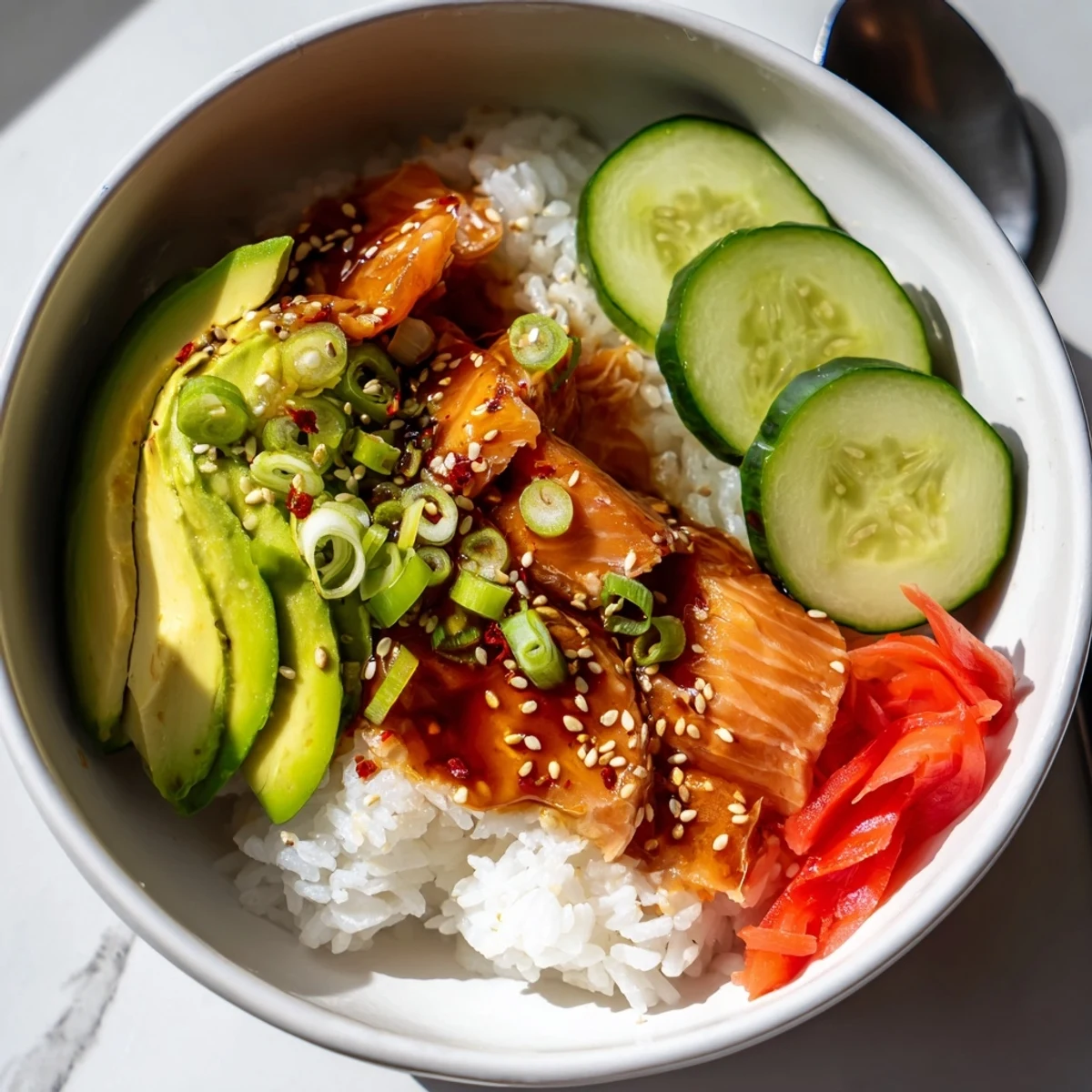 Delicious leftover salmon & rice bowl topped with fresh veggies and sesame seeds.  