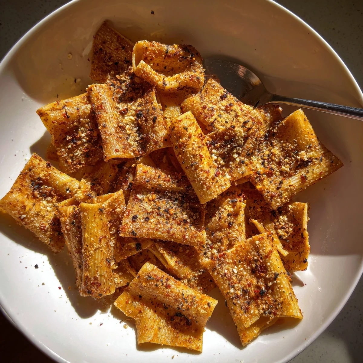 Crispy pasta chips seasoned with garlic and paprika, perfect for a party snack.  