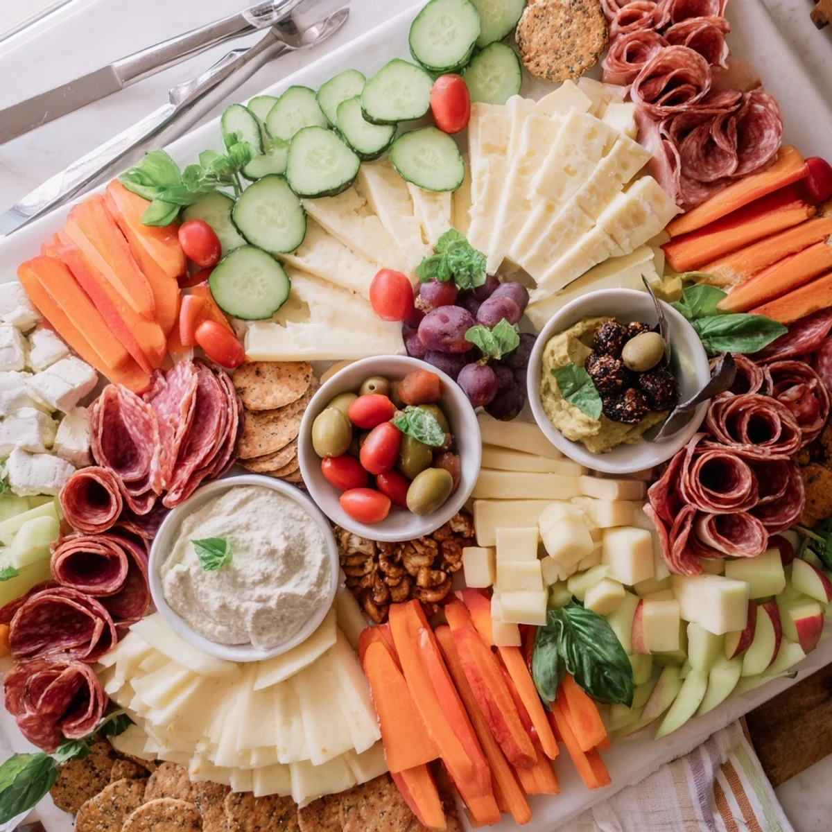 A colorful Girl Dinner Platter filled with cheeses, snacks, and fresh fruits.  