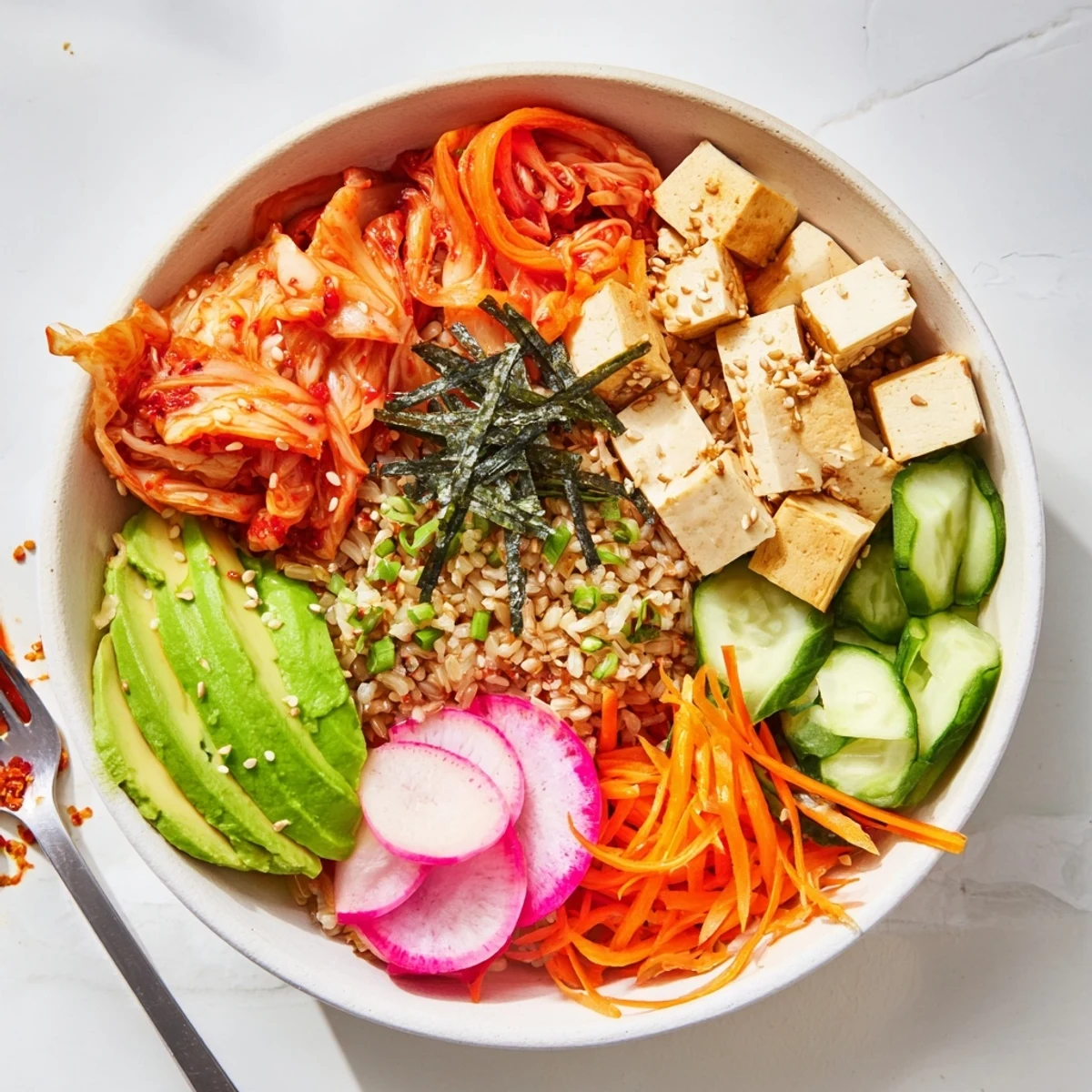 Freshly assembled Fermented Vegetable Bowl with vibrant kimchi and colorful veggies.  