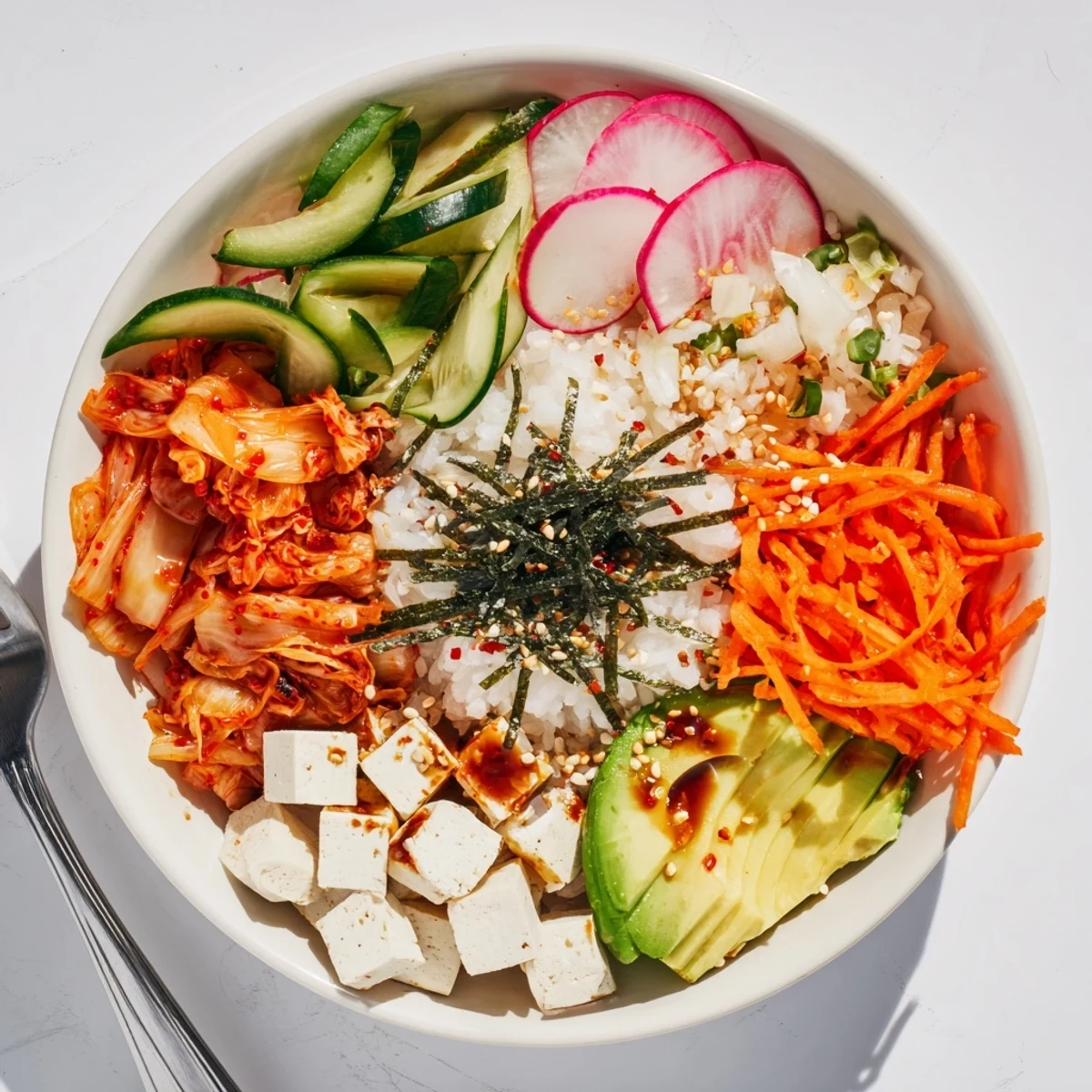 A bright Fermented Vegetable Bowl featuring tangy kimchi and creamy avocado slices.  