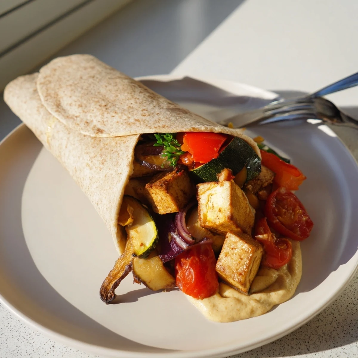 Roasted tofu and colorful veggies in a vegan viral recipe wrap.  