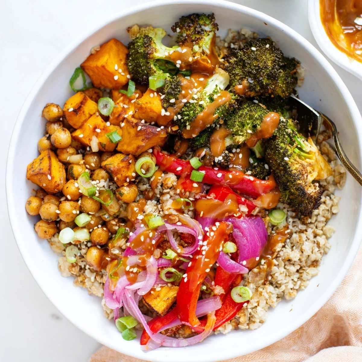 Healthy grain-filled Bold Sauce Drizzle Bowls, enhanced with savory roasted vegetables and sauces.