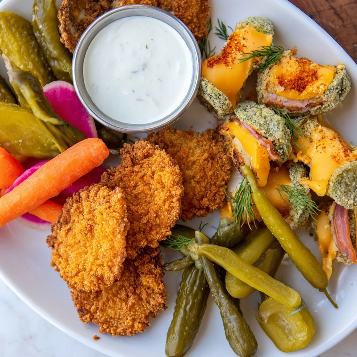 Crispy fried pickles served with vibrant pickled vegetables on a colorful platter.  
