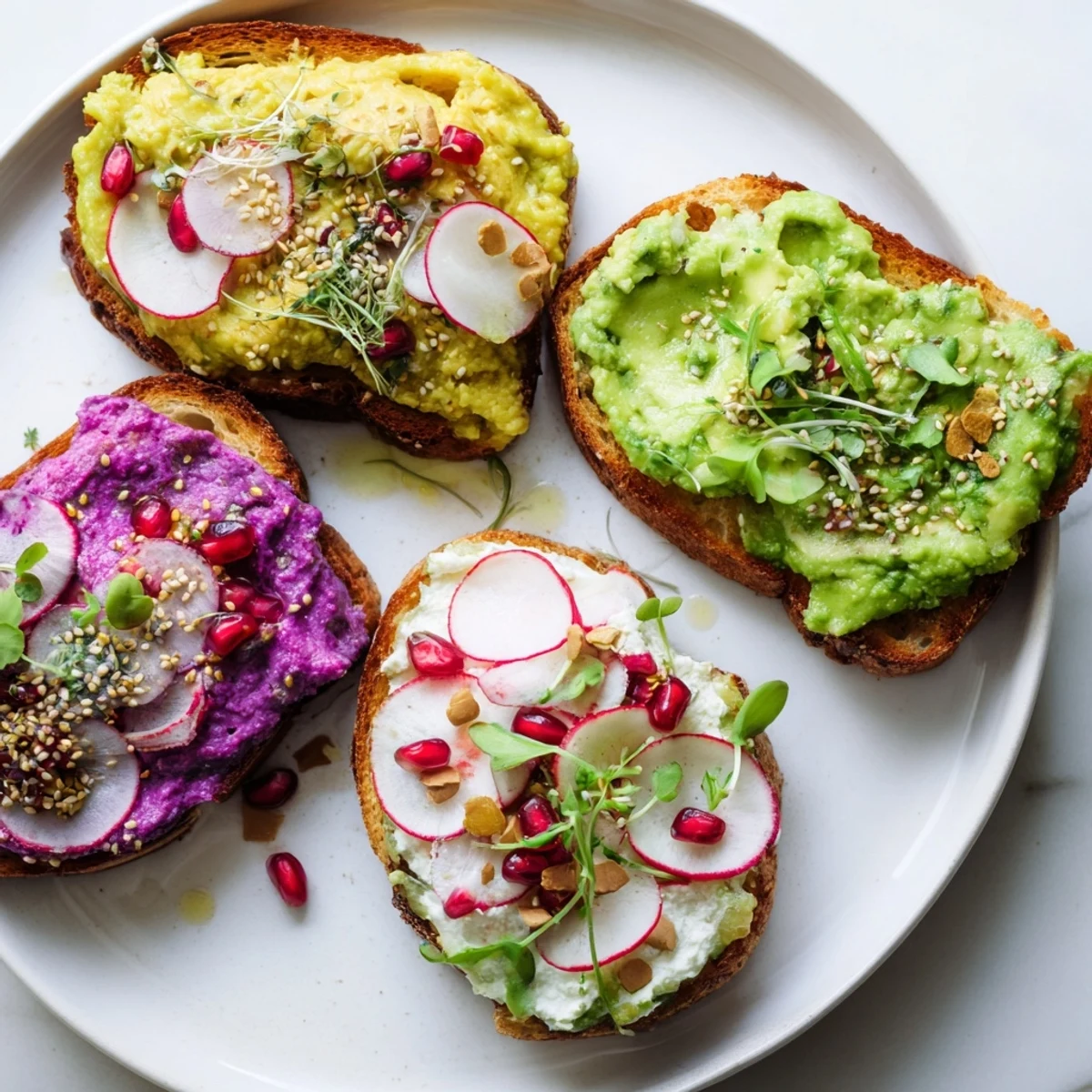 Vibrant Bright & Bold Breakfast Toasts topped with ube and fresh avocado for a colorful bite.  