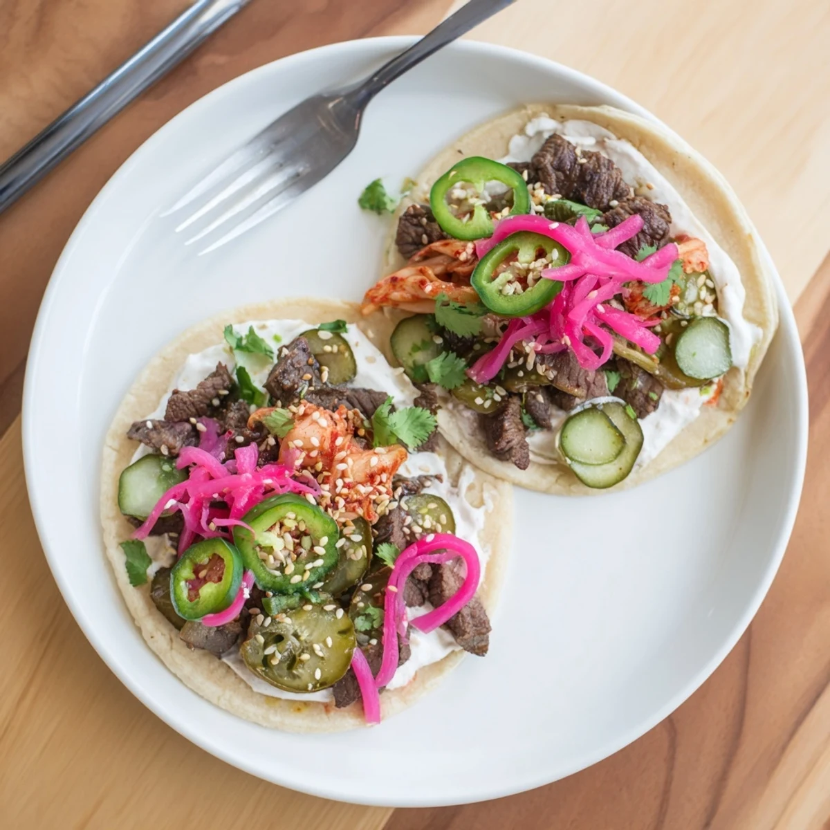 Vibrant Global Street-Food Fusion Tacos filled with marinated beef, colorful toppings, and ube crema.