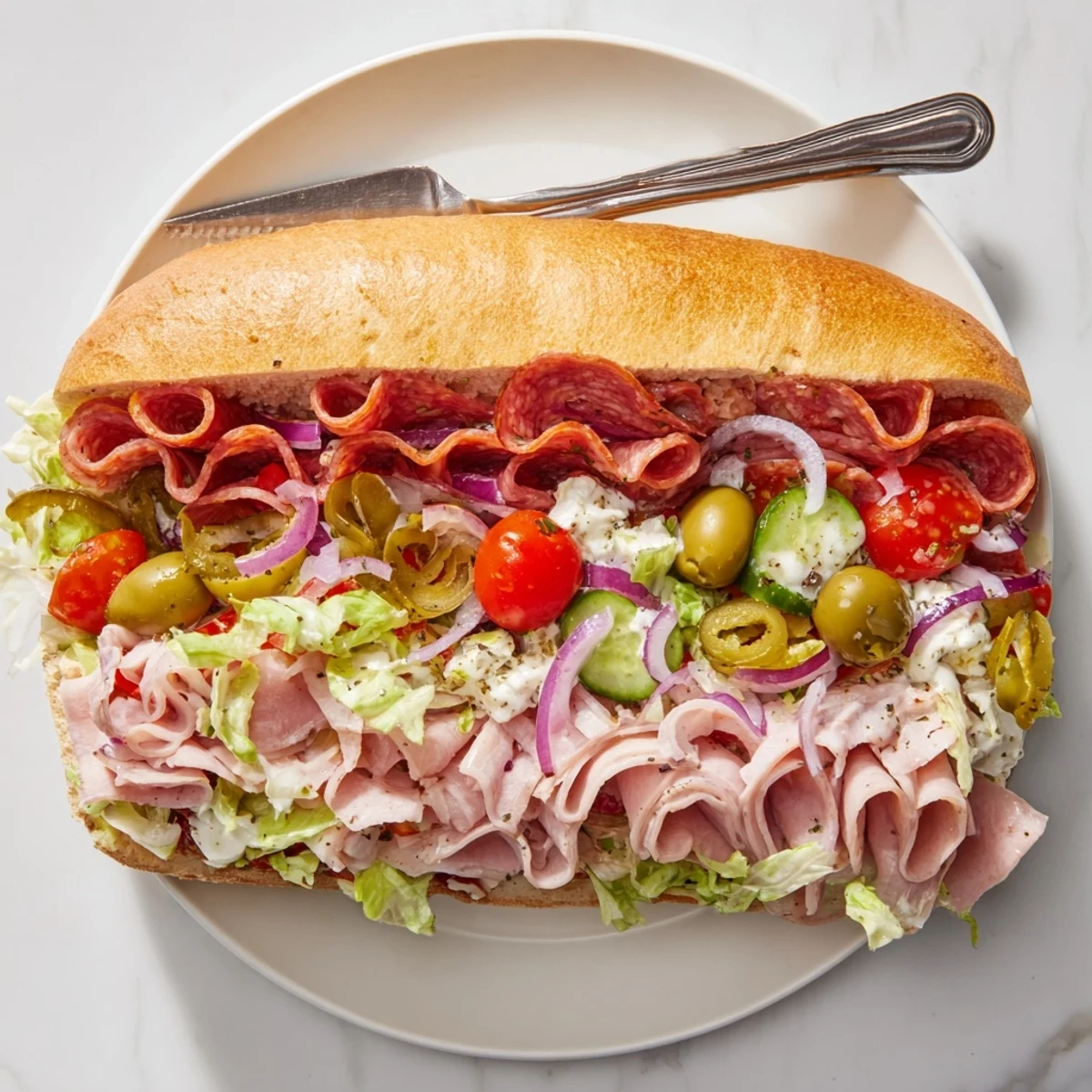 Vibrant Flavor Mash-Up Sandwiches piled high with Italian meats and fresh veggies.  