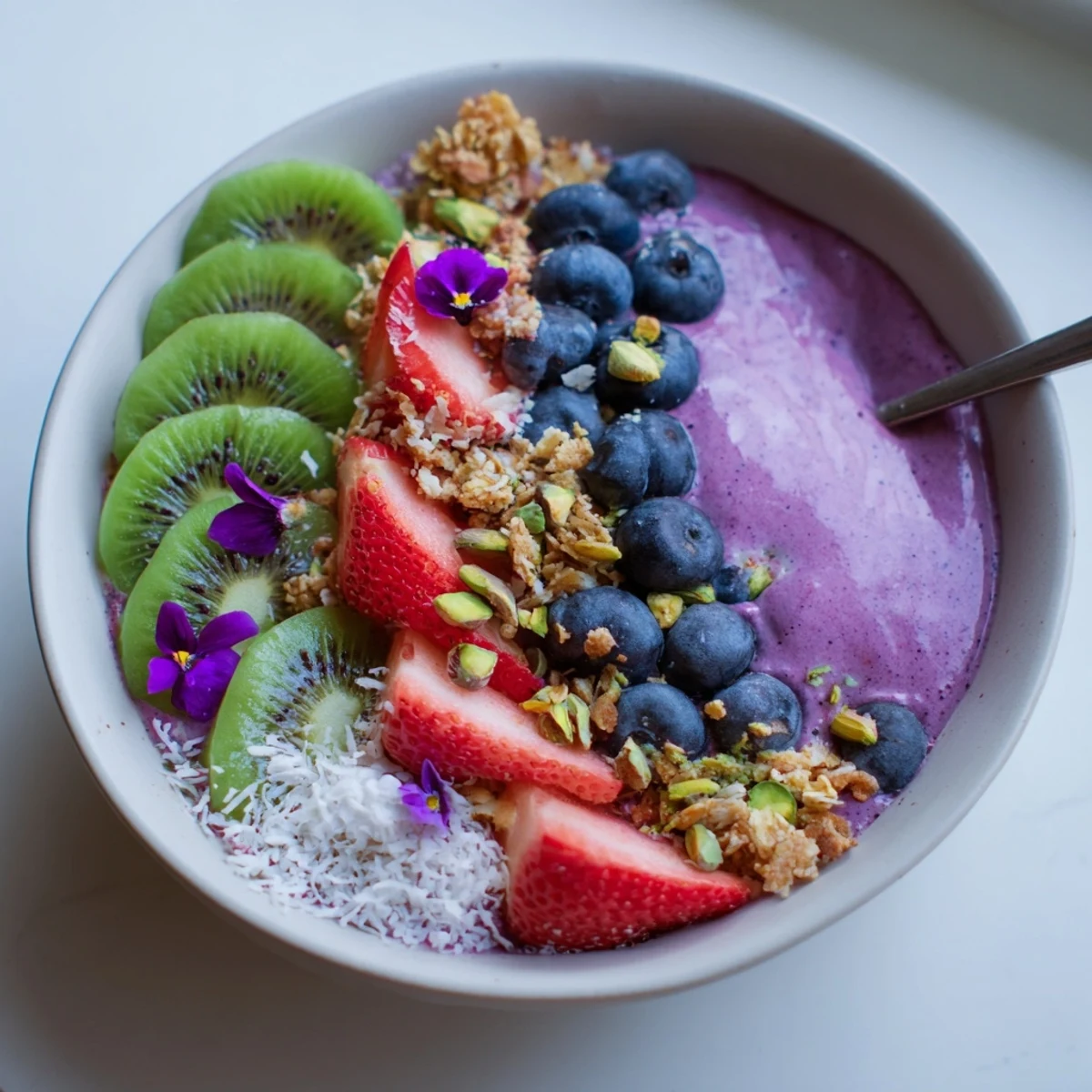 Delightful smoothie bowl with creamy purple yam, fresh berries, and crunchy toppings.