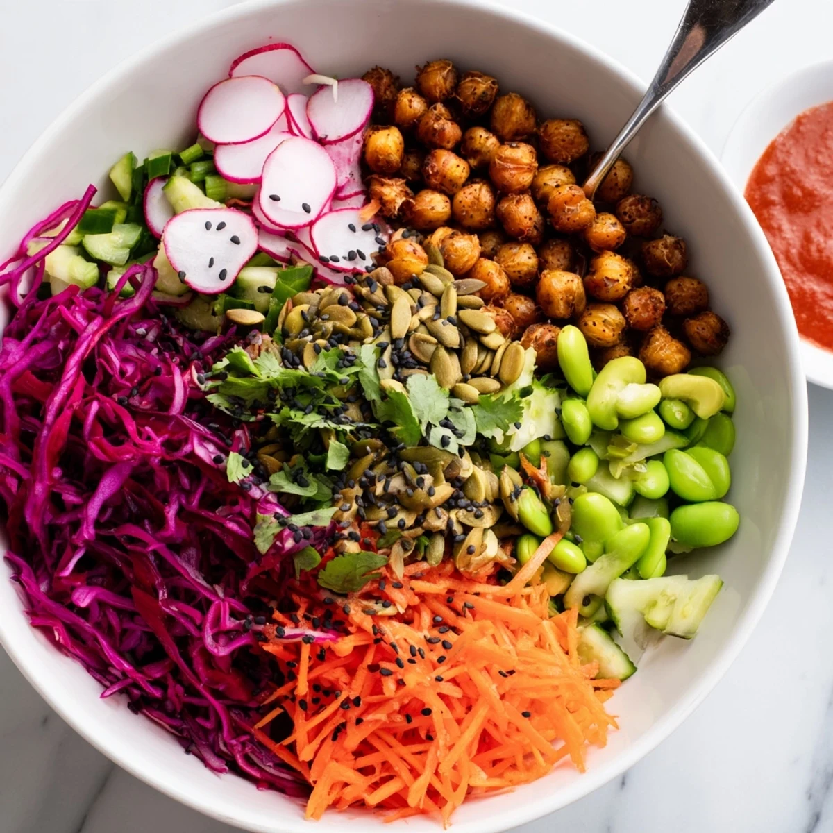 Colorful ASMR Crunch Snack Bowls topped with roasted chickpeas and crispy textures.  
