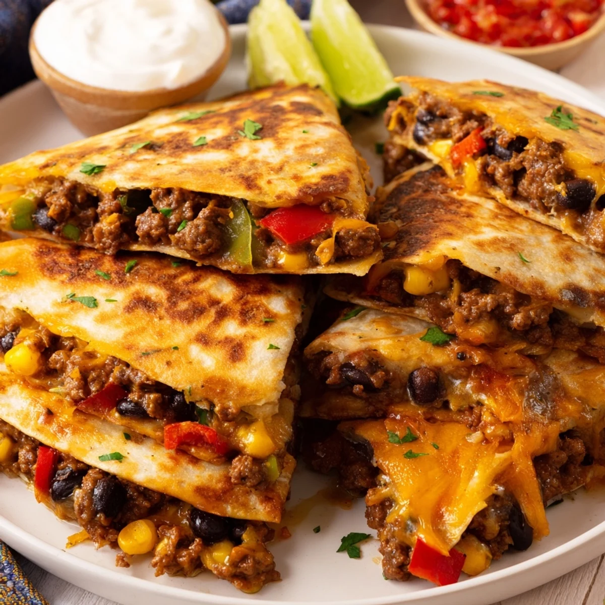 Golden brown sheet pan quesadillas with flavorful beef, melted cheese, and colorful toppings.