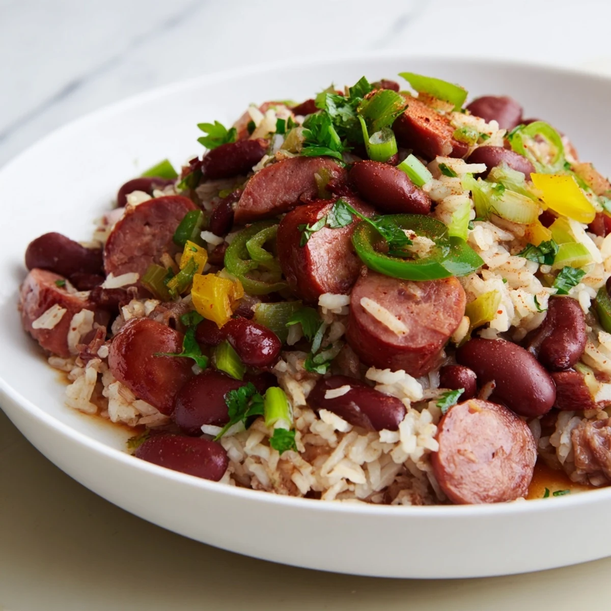 A delicious bowl of Red Beans & Rice with smoky sausage and fresh herbs.  