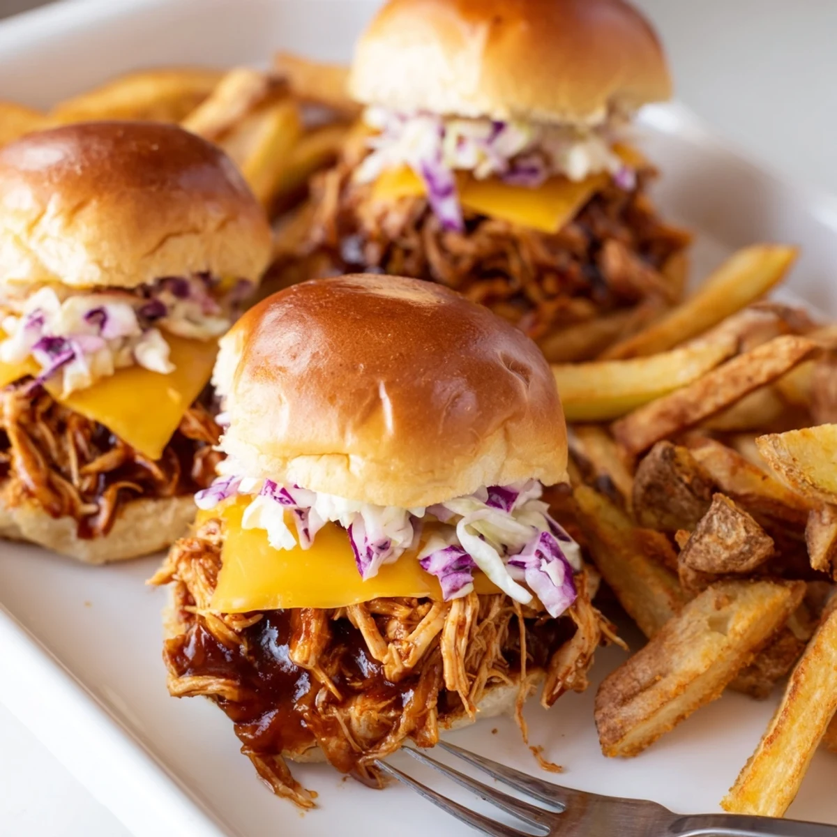 Juicy BBQ chicken sliders nestled in soft buns, served with crispy fries.  