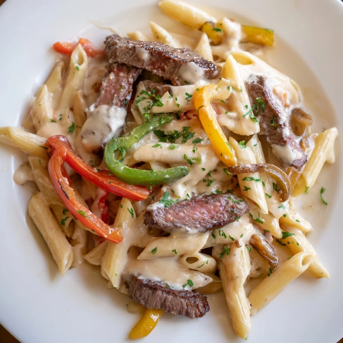 Hearty Philly Cheese Steak Pasta dish with creamy cheese sauce and sautéed vegetables.  
