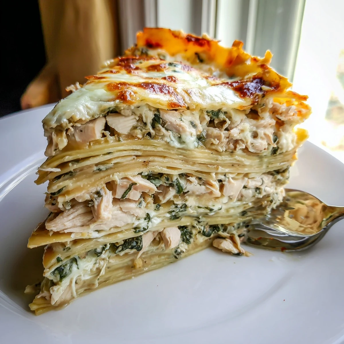 Savory rosemary chicken lasagna layered with creamy béchamel and melted mozzarella.  