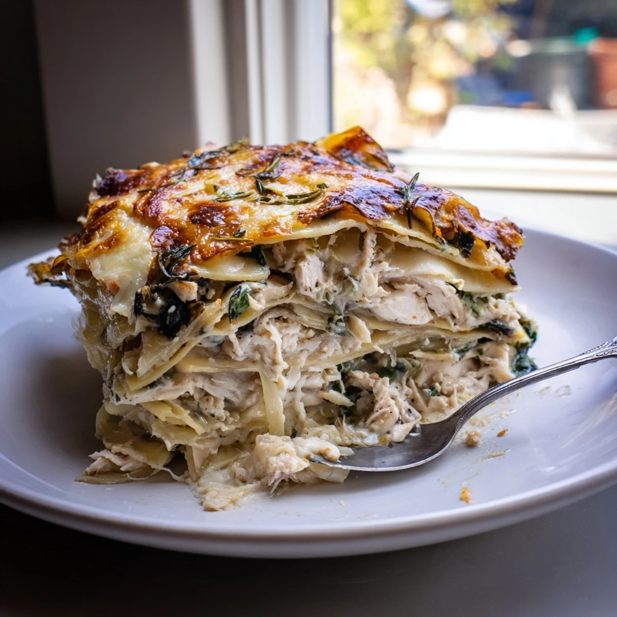 Satisfying slice of rosemary chicken lasagna, featuring tender chicken and rich béchamel sauce.