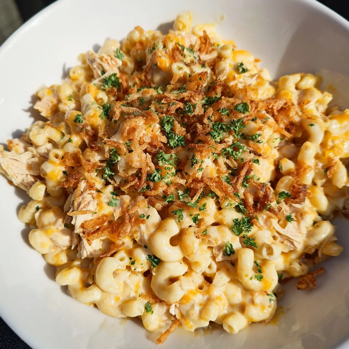A close-up of creamy One-Pot Honey BBQ Chicken Mac and Cheese, garnished with fresh parsley.