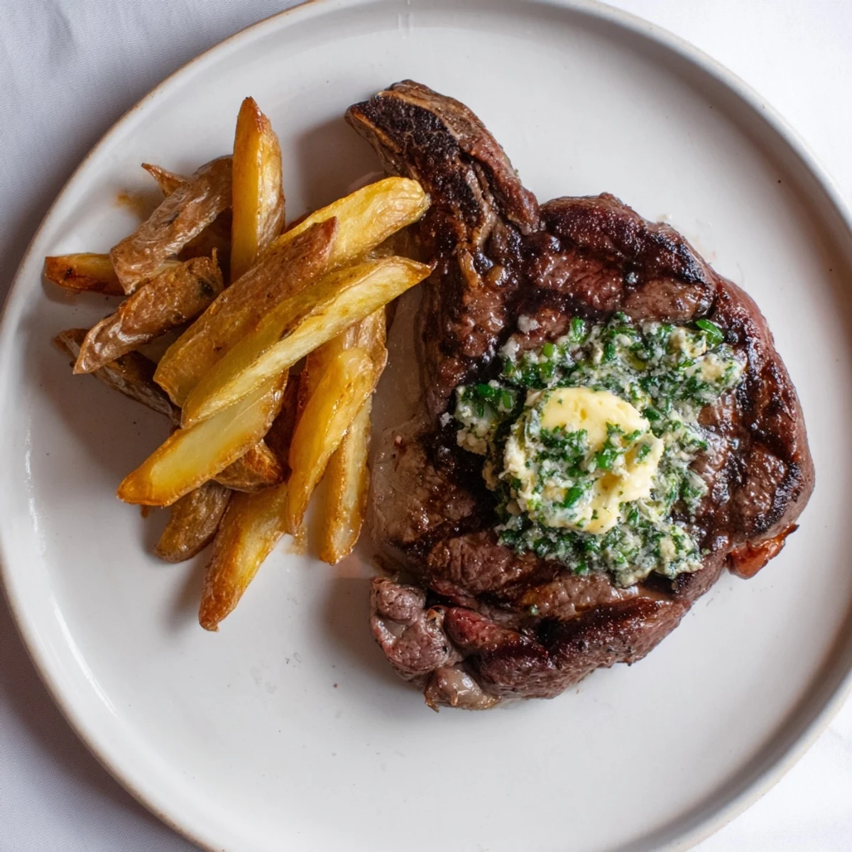 Sizzling Steakhouse Garlic Butter Steak & Fries, with richly flavored butter melting atop a perfectly cooked ribeye.