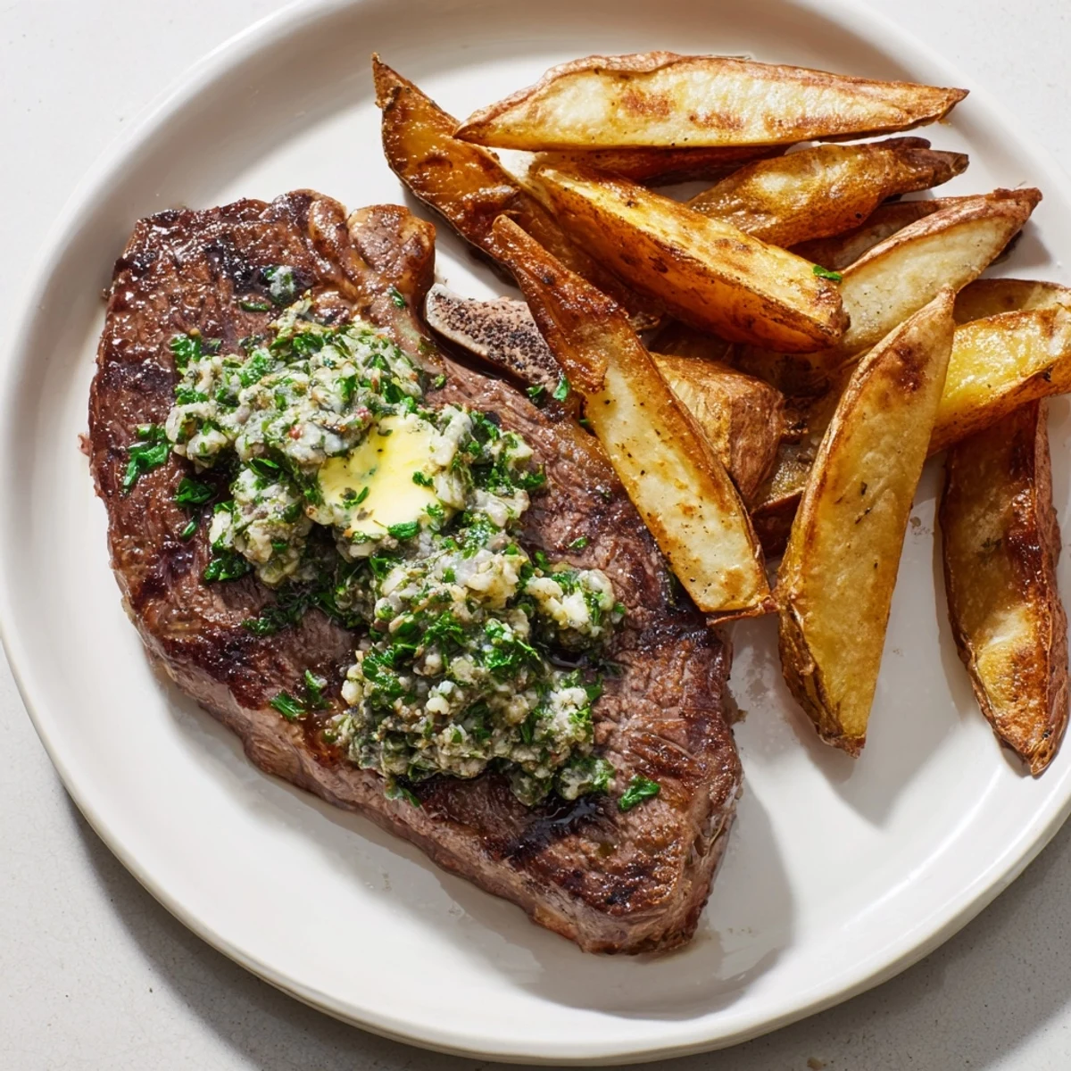 Golden-brown Steakhouse Garlic Butter Steak & Fries, served with crispy, seasoned fries, a classic American meal.