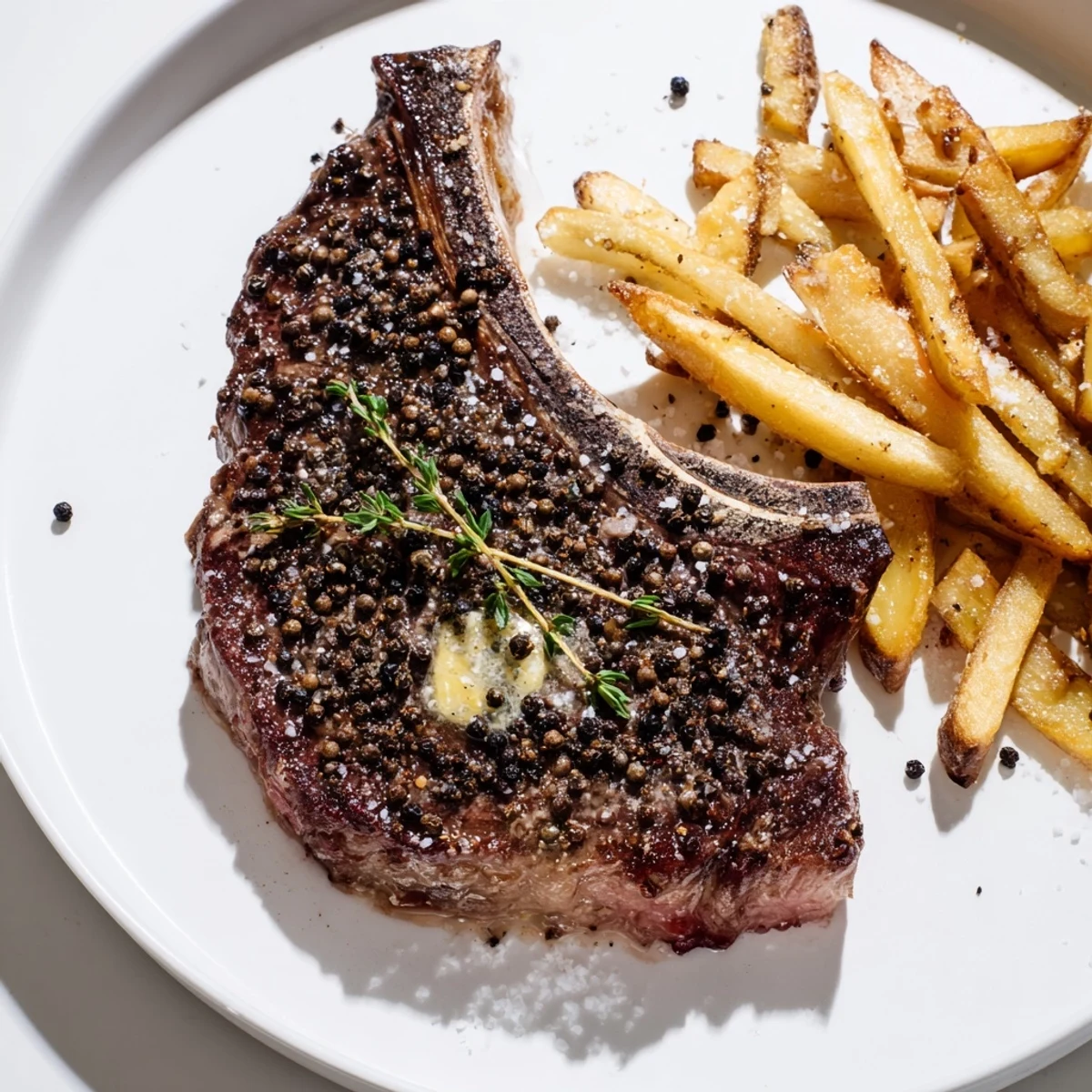 Enjoy a forkful of tender Classic Peppercorn Ribeye, complimented by crispy, golden fries and rich peppercorn sauce.