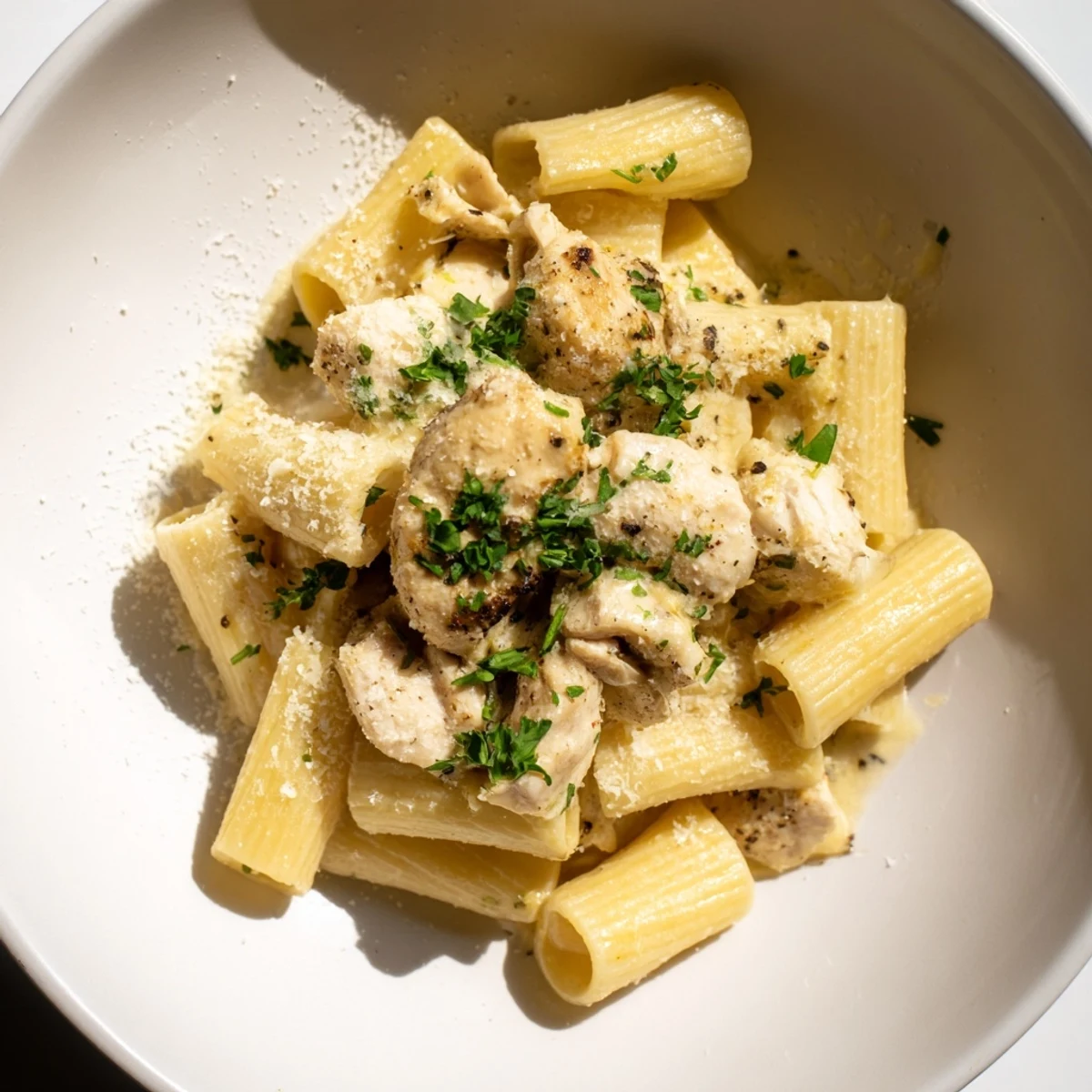 Creamy Garlic Parmesan Chicken Rigatoni with golden chicken pieces and a lush, white creamy sauce.