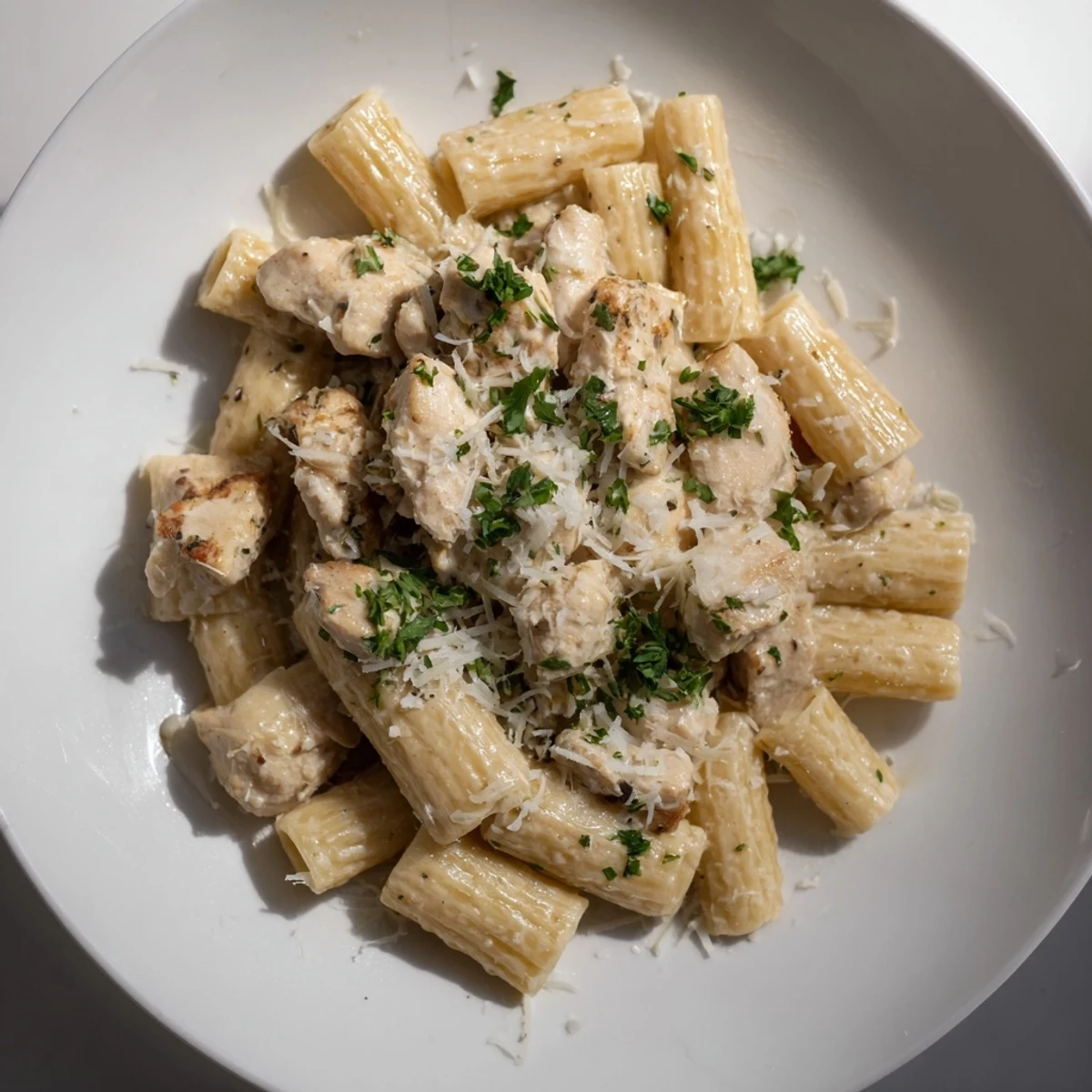Imagine the aroma: perfectly sauced Creamy Garlic Parmesan Chicken Rigatoni, garnished with fresh parsley.