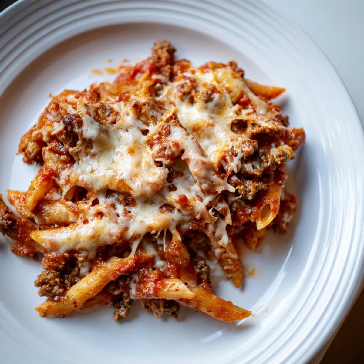 Golden brown and bubbly Cheesy Beef & Penne Bake, a comforting family favorite with melted cheese.