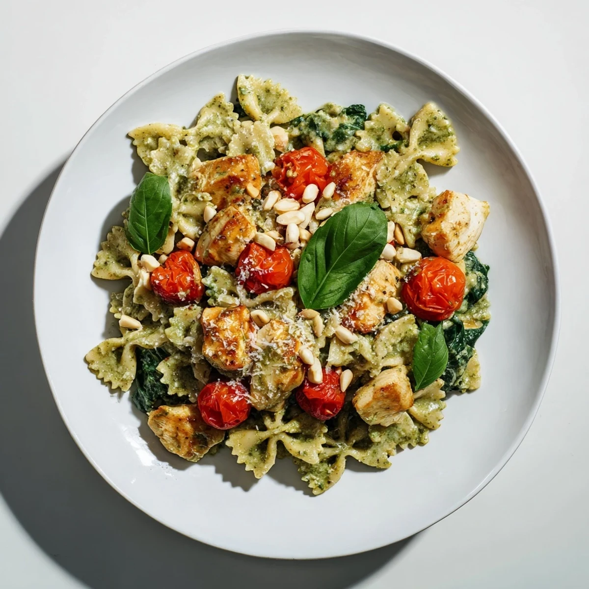 Delectable Pesto Chicken Bowtie Pasta: a creamy, vibrant plateful with Parmesan cheese and chicken.