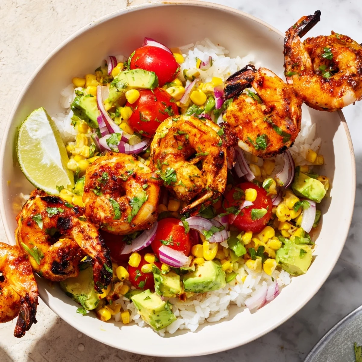Grilled shrimp bowl with avocado corn salsa, a colorful and healthy meal with grilled shrimp and fresh salsa.