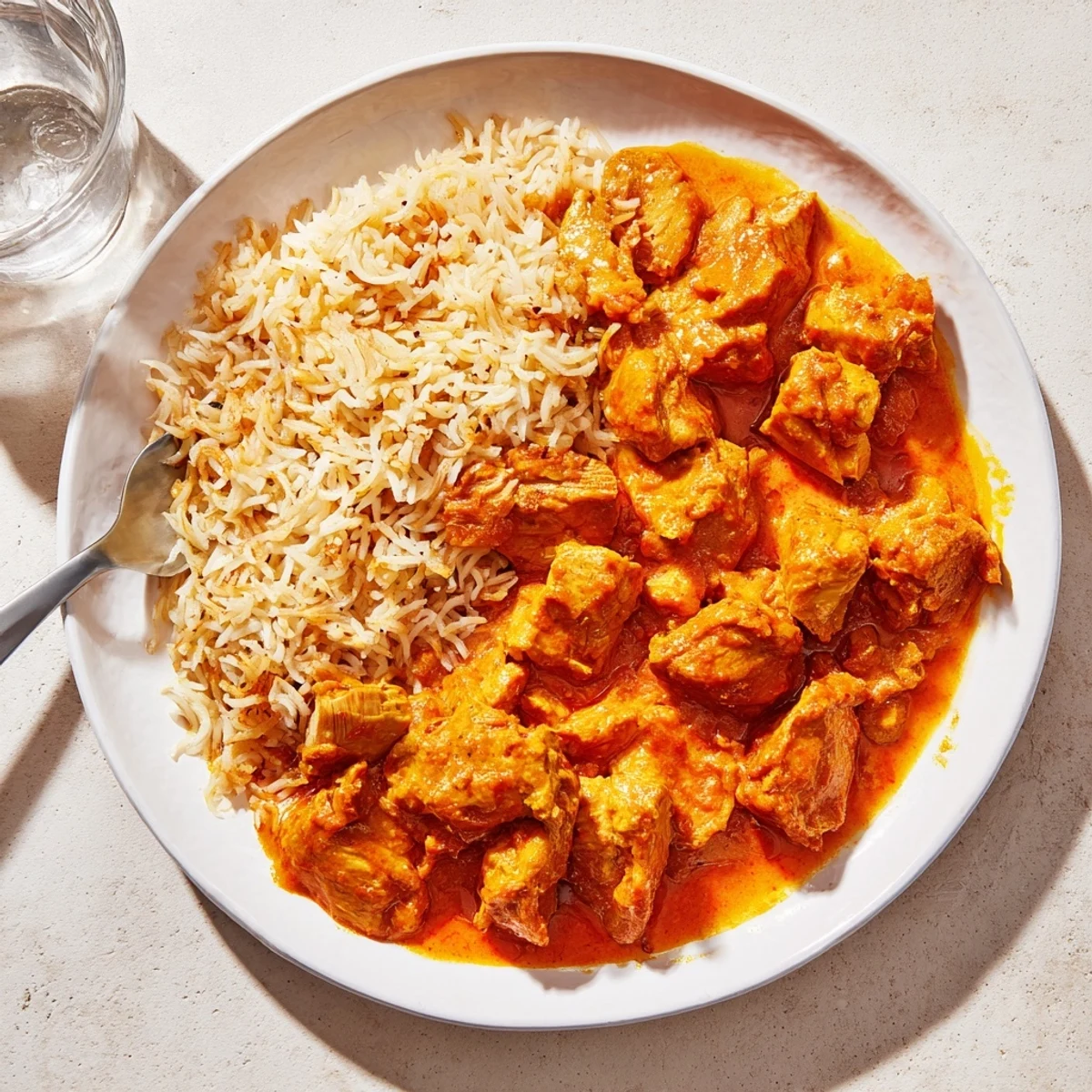Fragrant Butter Chicken & Rice Pilaf, featuring tender chicken in a rich tomato sauce with spiced rice.