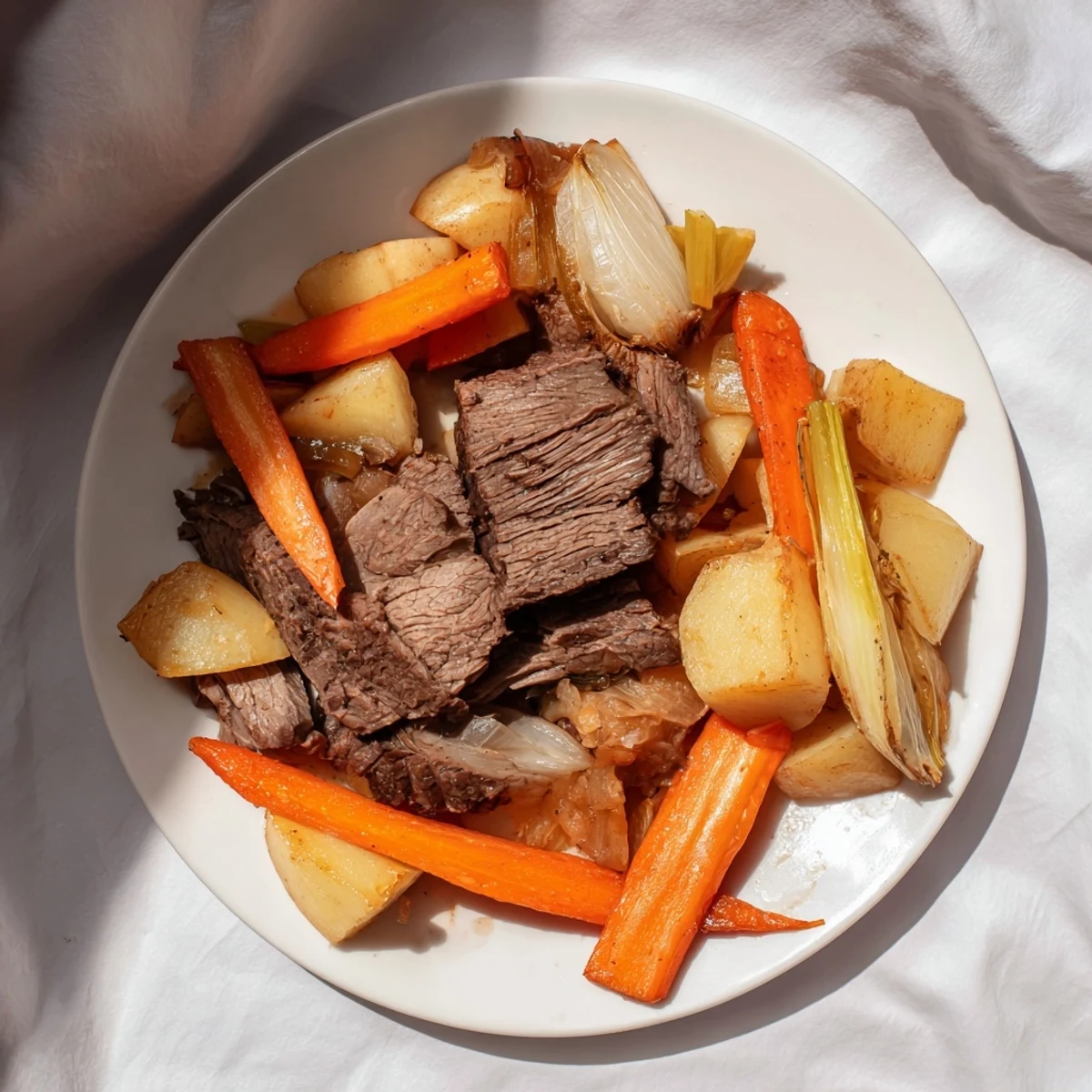 Tender Sunday Pot Roast with roasted vegetables, steaming, enticing aroma, ready for serving everyone.
