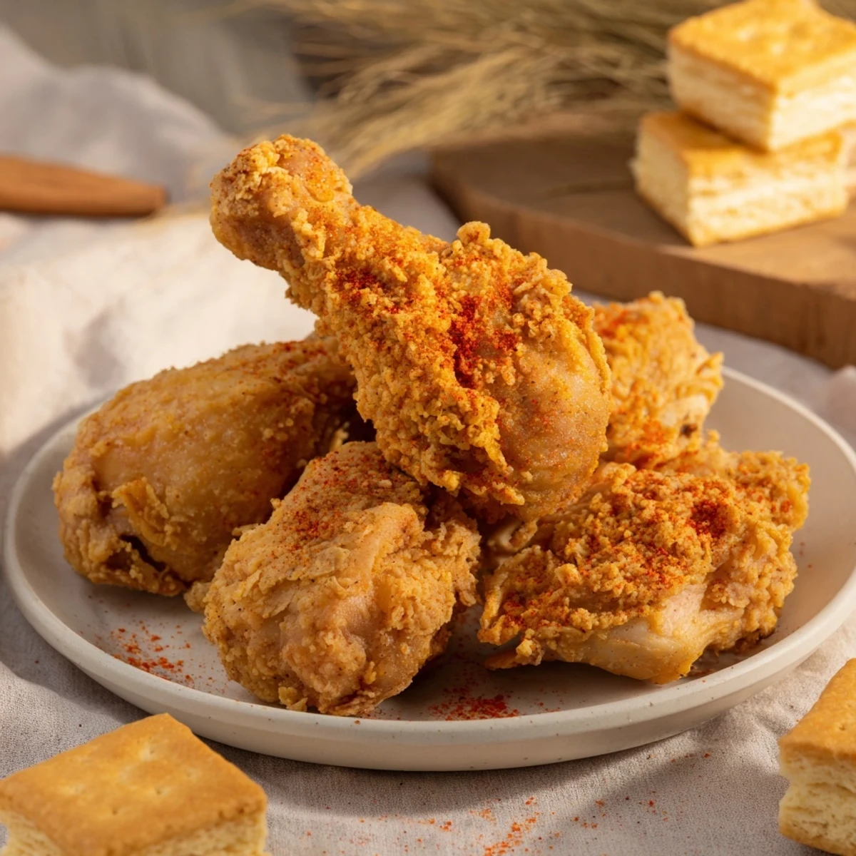 Golden, crispy Southern fried chicken and warm buttermilk biscuits, a delicious Southern meal.