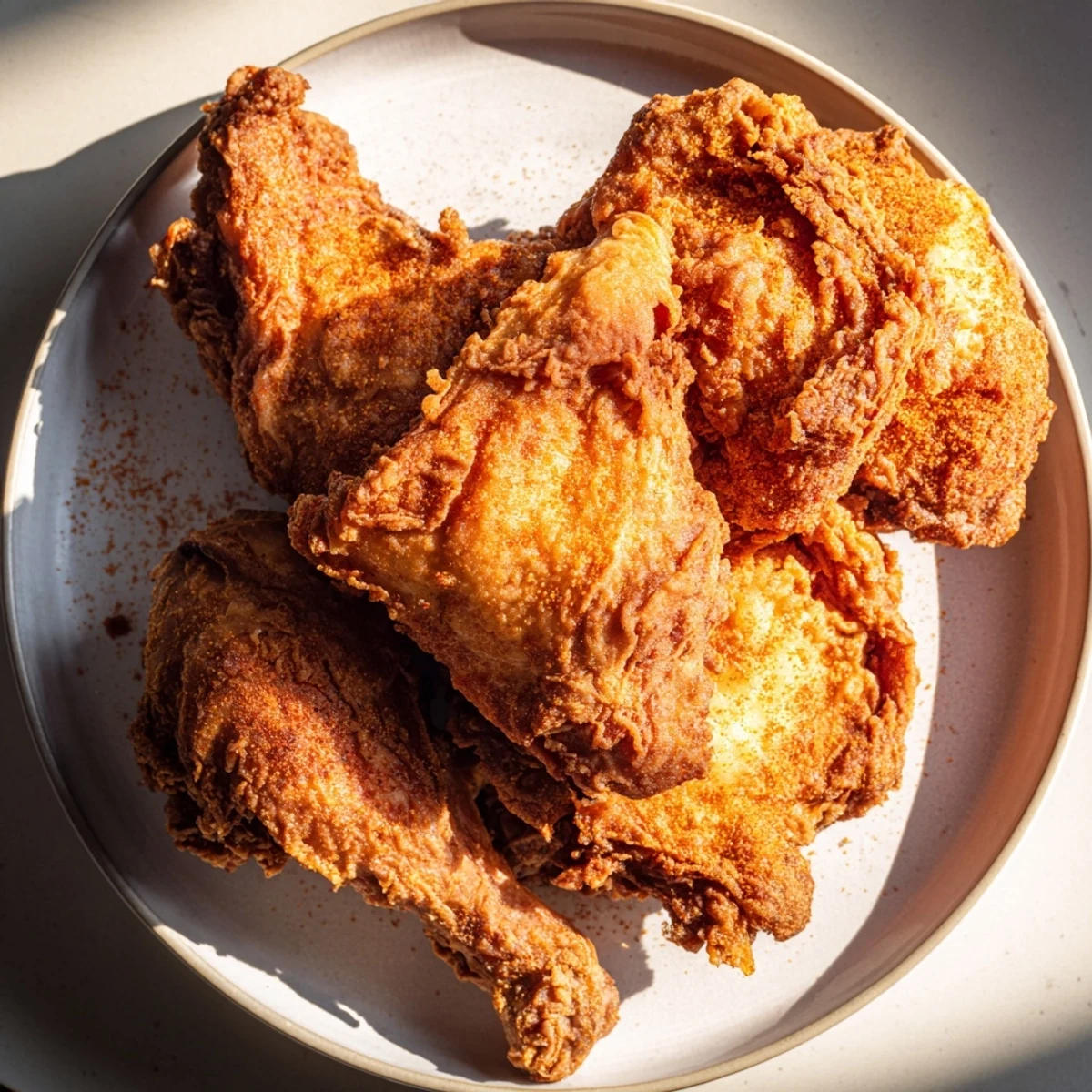 A visually appealing close-up of perfectly cooked Southern fried chicken and soft buttermilk biscuits, ready to eat.