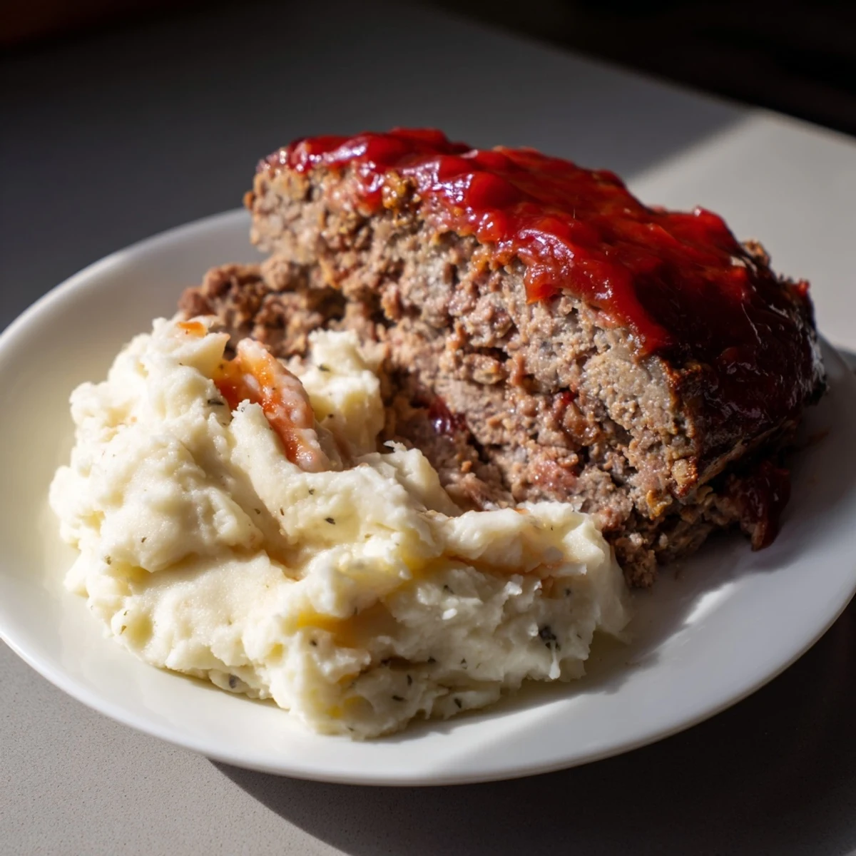 Juicy Classic Meatloaf & Mashed Potatoes, steaming with a rich ketchup glaze and fluffy potato topping.