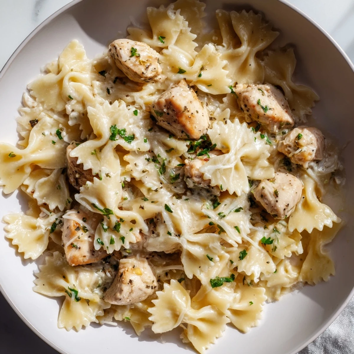 Creamy Mozzarella Garlic Butter Chicken Bowties, a steaming bowl of pasta with melted cheese and chicken.