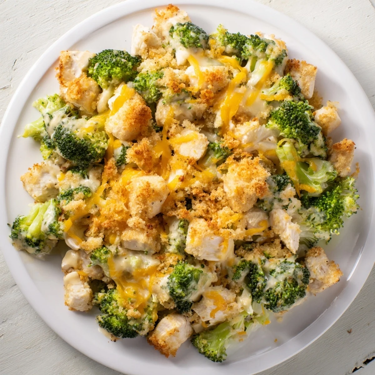 Golden, bubbly Cheddar Broccoli Chicken Bake fresh from the oven, offering a cheesy aroma.