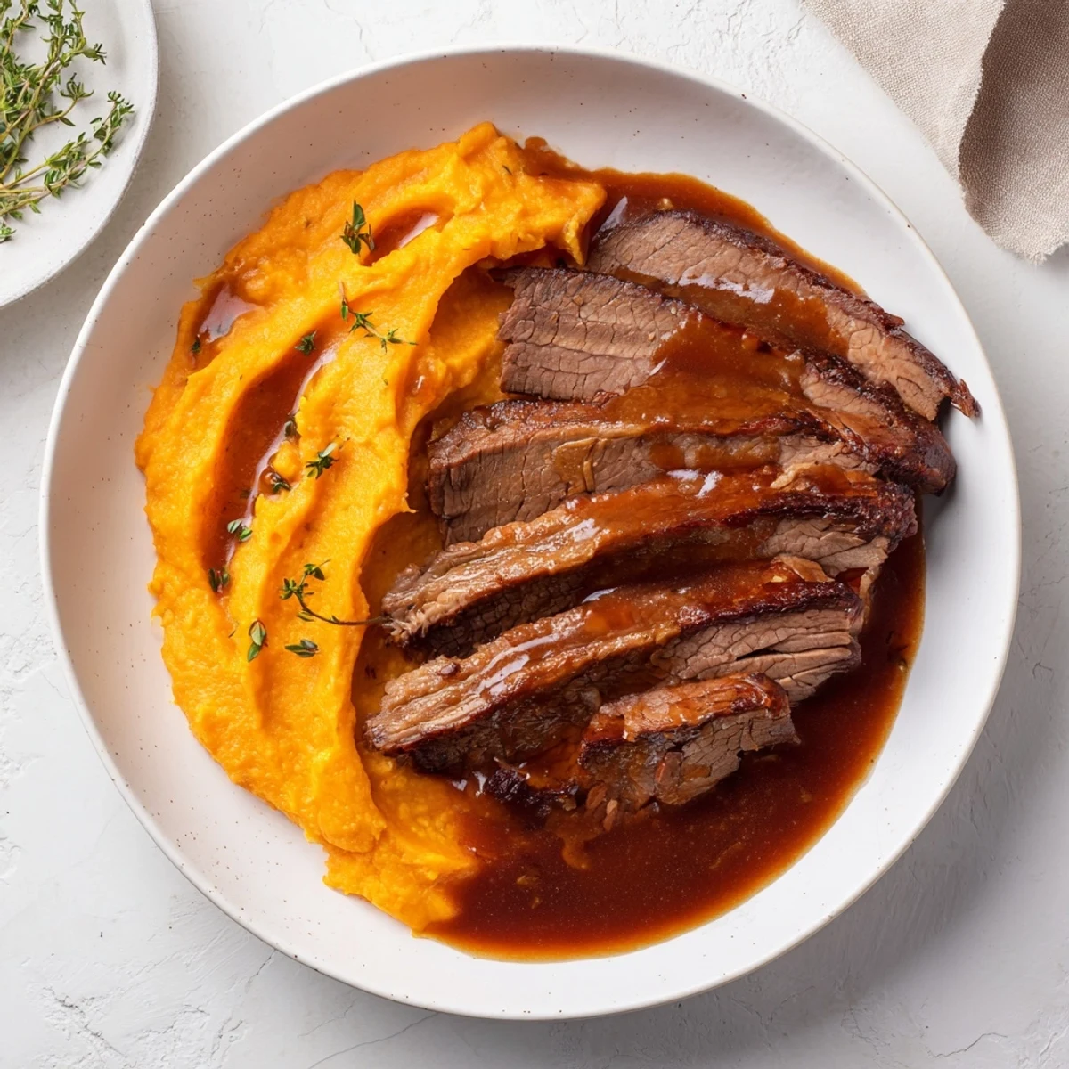 Tender, fall-apart Classic Brisket with rich, savory juices alongside creamy, fluffy mashed sweet potatoes.
