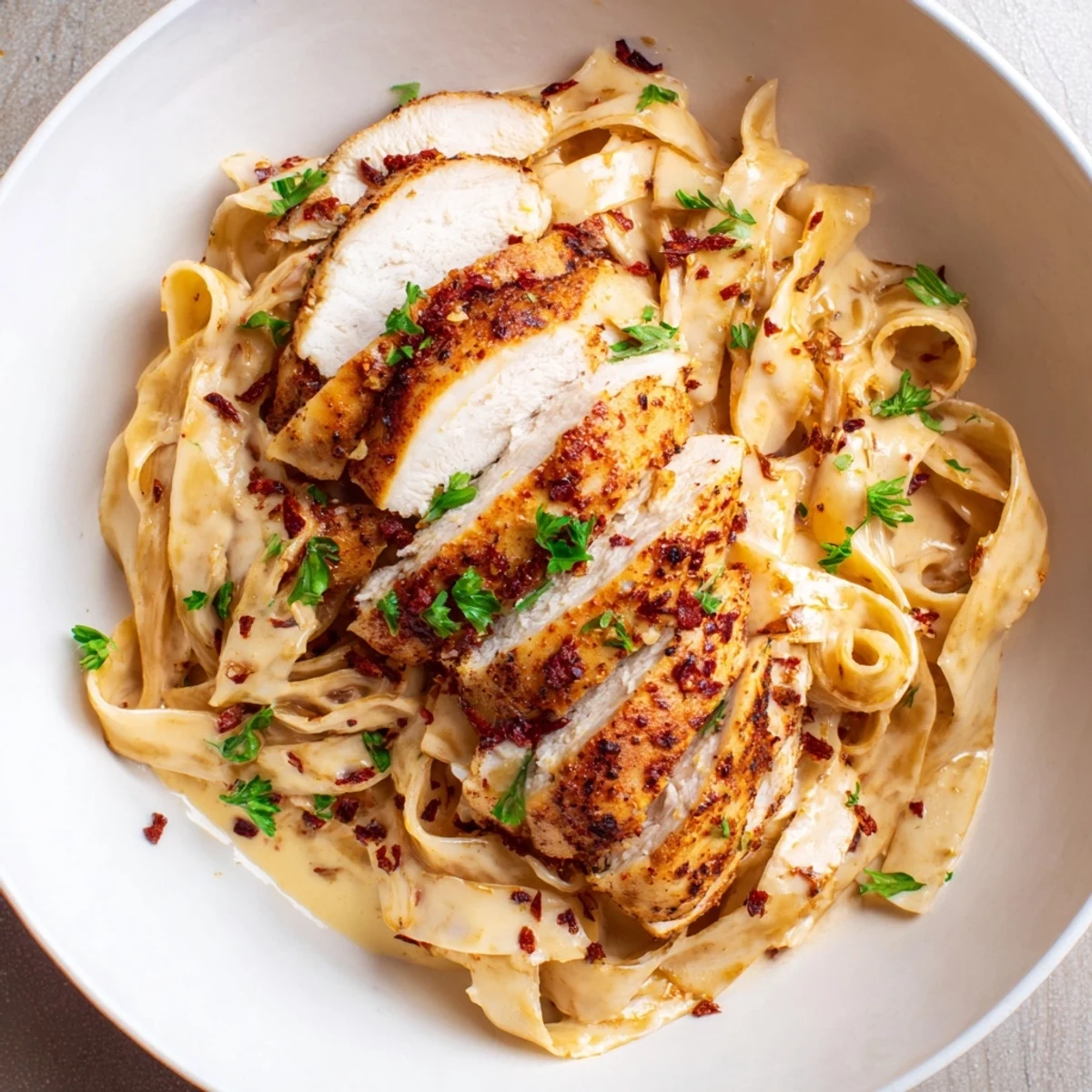 Creamy Fettuccine Alfredo with spicy Cajun chicken beautifully arranged and ready to be enjoyed.