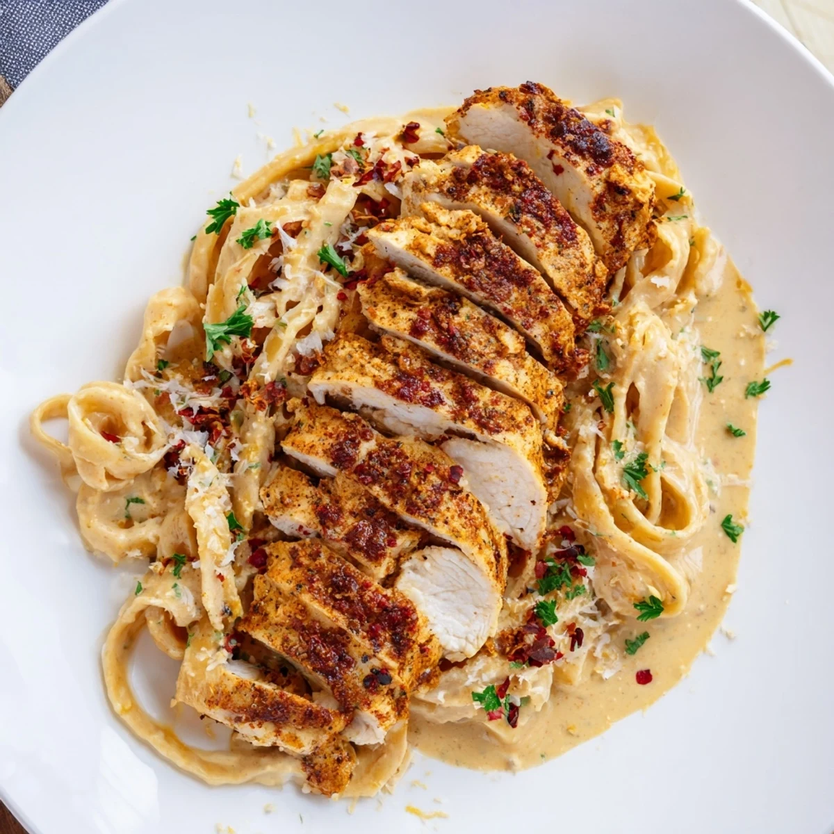 Steaming plate of Spicy Cajun Chicken Alfredo featuring tender chicken and creamy Alfredo sauce.