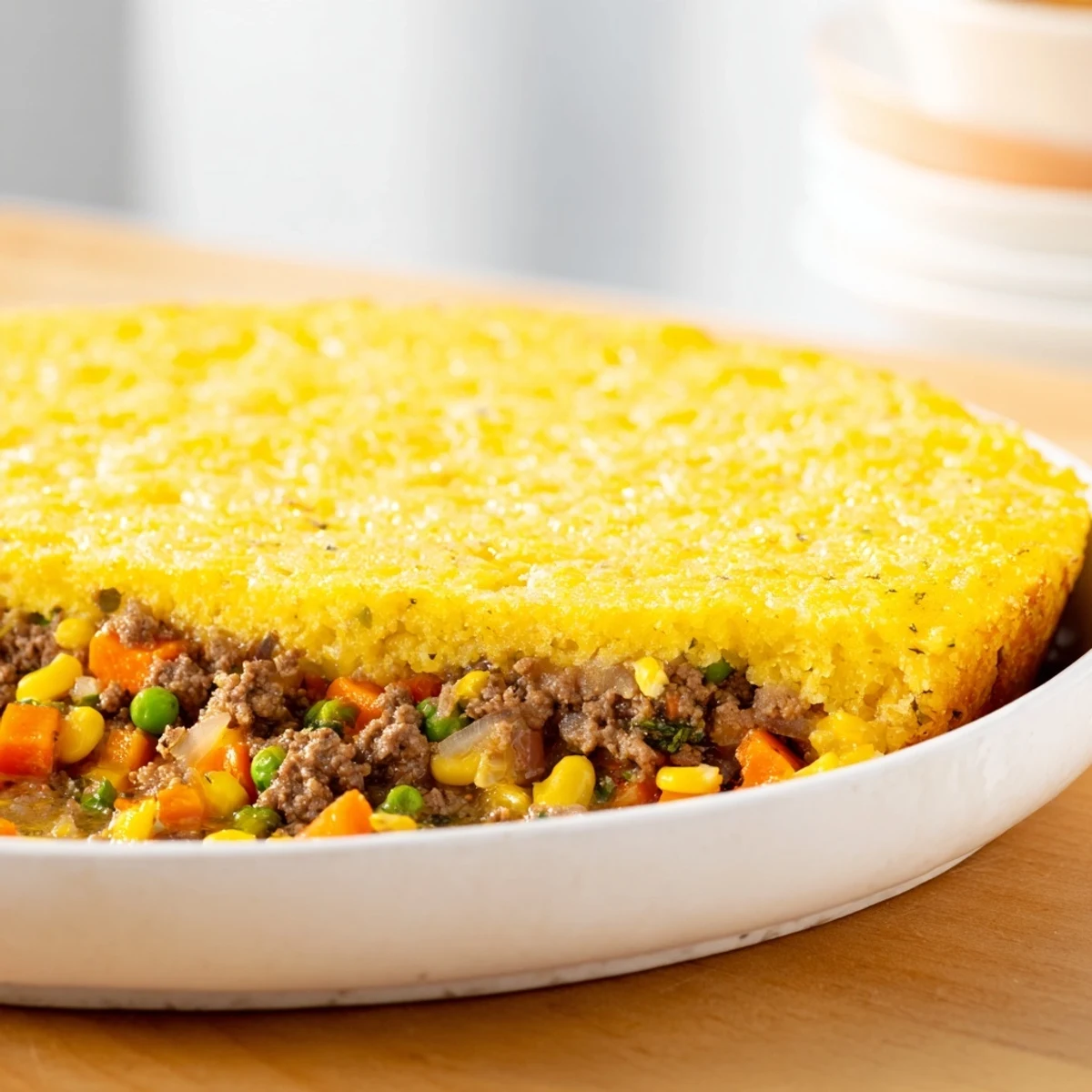 This Cornbread Crusted Beef Pie bursts with a hearty beef and vegetable filling, topped with crumbly cornbread.