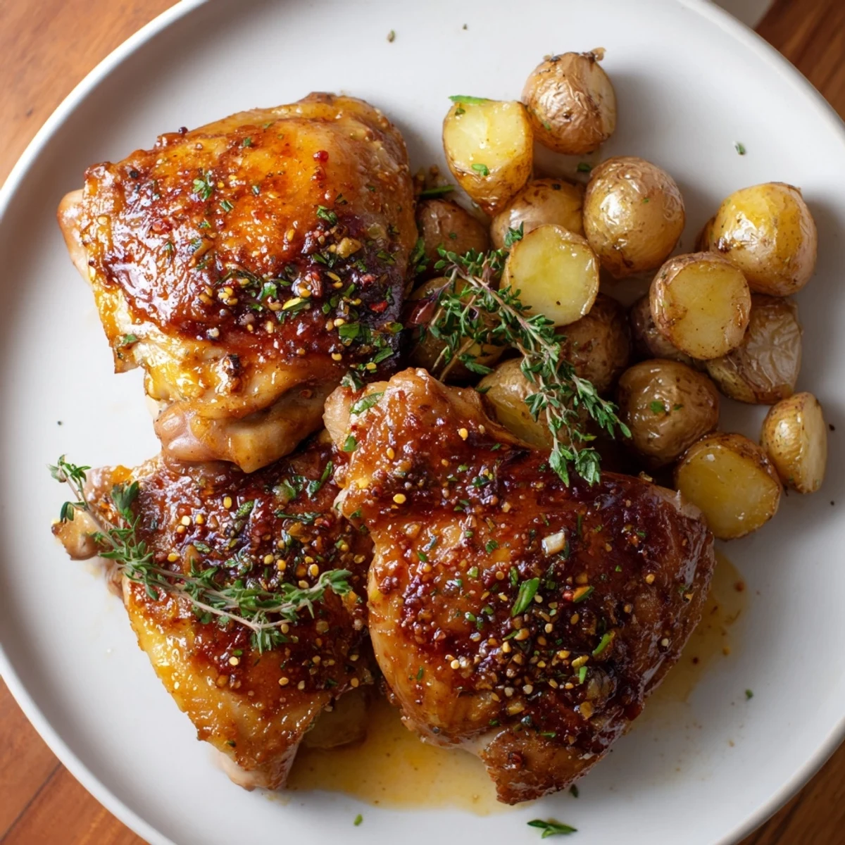 Golden-brown Honey Mustard Chicken and Roasted Potatoes, a flavorful homestyle dinner, ready to enjoy.