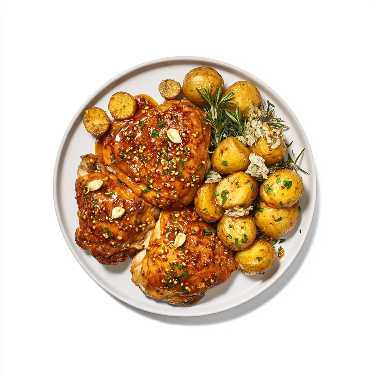 Crispy roasted potatoes and chicken, glazed with honey mustard, filling the pan for this delicious meal.